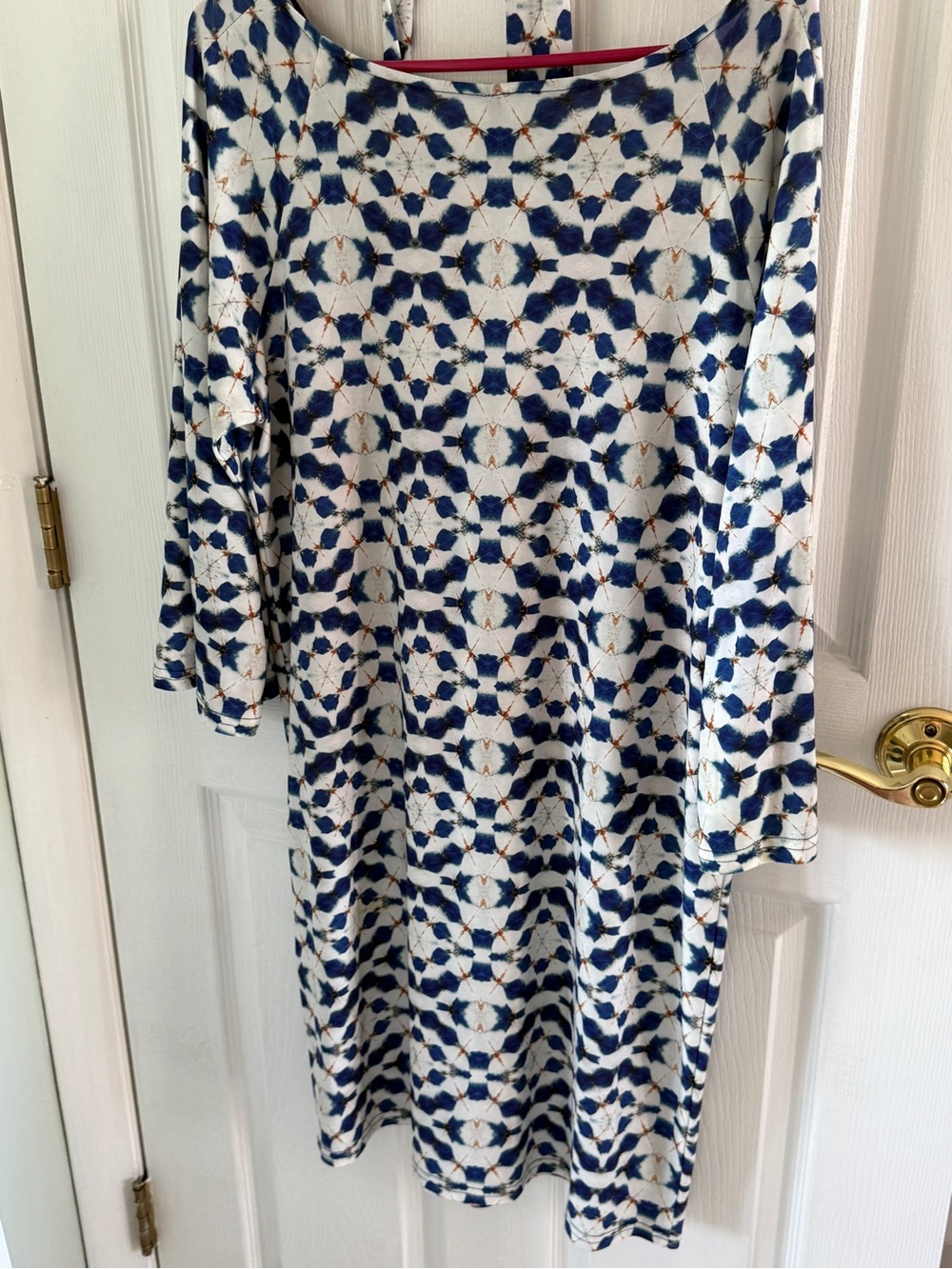 Blue & White Geometric Mini Dress with Three-Quarter Sleeves